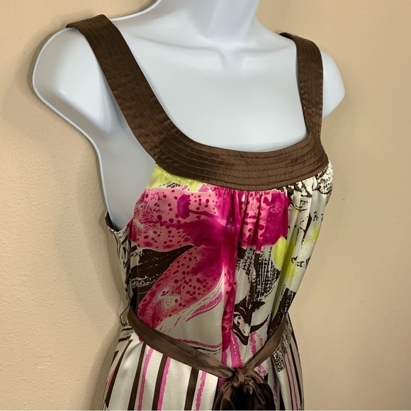 Size 4 Silk Multicolored Floral Oc By Oc Belted Dress Sleeveless Satin Pullover - Picture 2 of 11